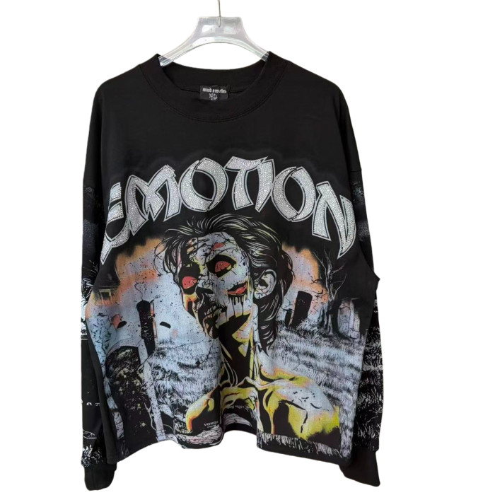 Rhinestone Letter Tombstone Zombie Print Long Sleeve T-Shirt 28700550