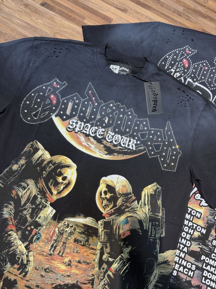 Moon astronaut skeleton hot-drilled vintage short-sleeved T-shirt 2 colors 29047365
