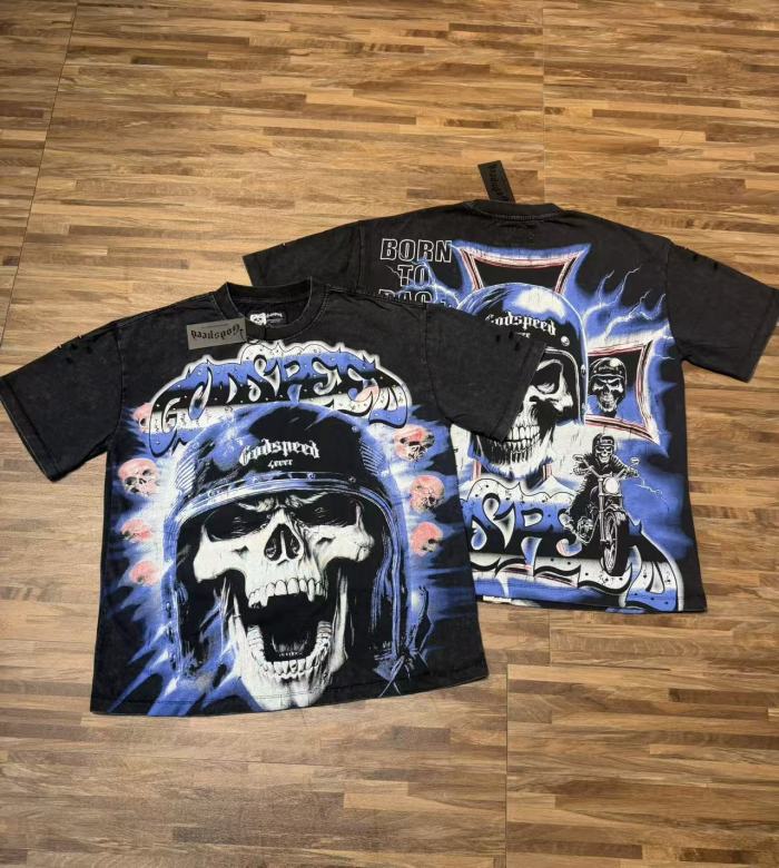 Helmet skull motorcycle cross black and brown dual-color vintage T-shirt 2 colors 29051376