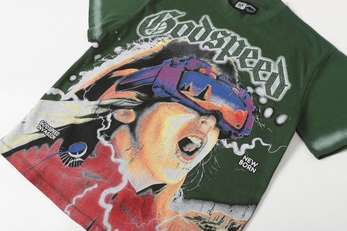 Screaming VR Glasses Girl Black and Green Dual-color Vintage Short-sleeved T-shirt  29052398