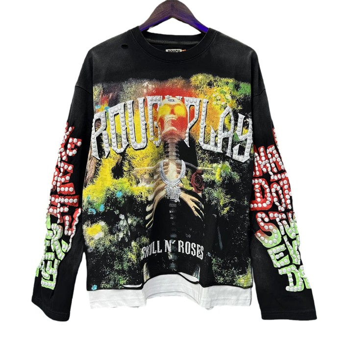 Rose Skull Silver Hot Stamping Print Washed Version Long Sleeve T-Shirt 28758380