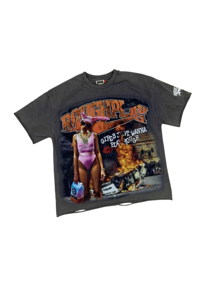 Bunny Girl Explosive Car Rhinestone Print Washed Tee 29069147