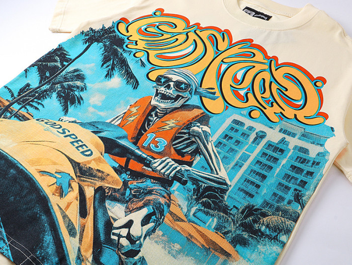 Skeleton Motorboat Beige Double-sided Printed Short-sleeved T-shirt 29044725