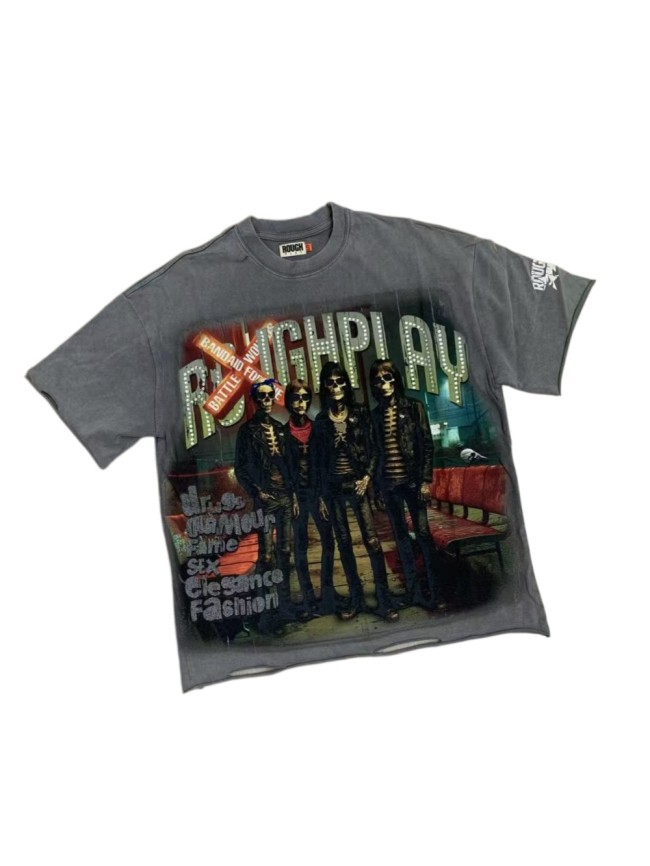 Dark Rock Skeleton Band Rhinestone Print Washed Tee 29069146