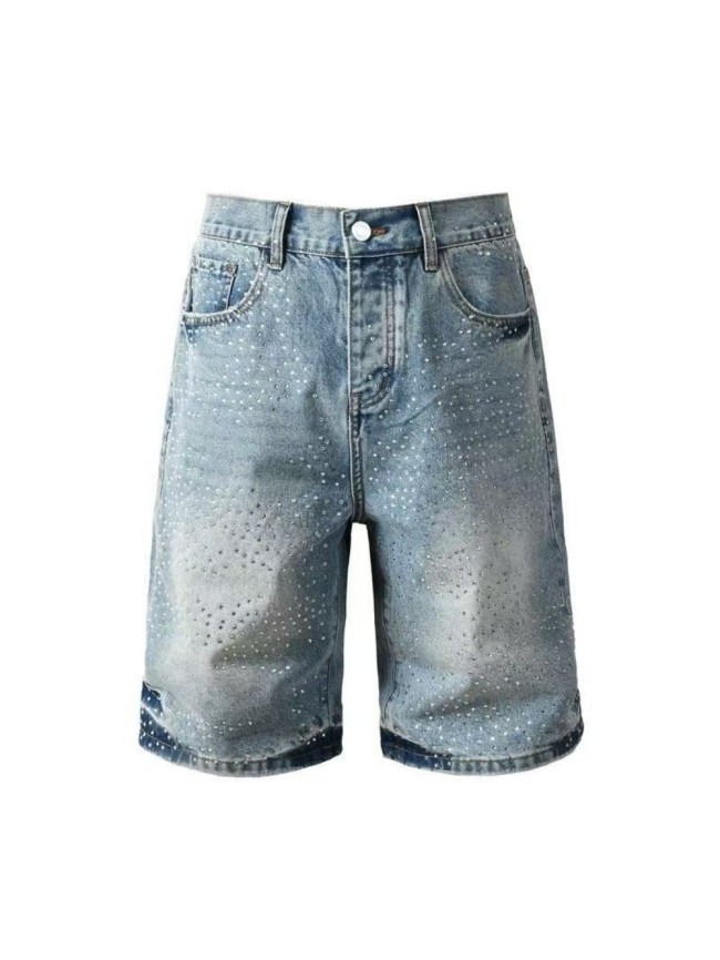 1:1 quality version Front Rhinestone Blue Denim Shorts 28920232
