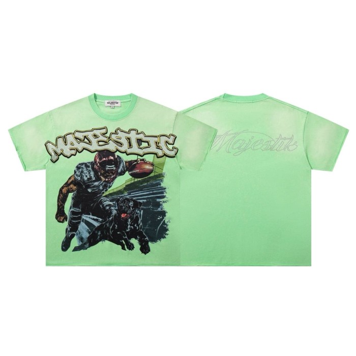 Football Player And Black Dog Rhinestone Print Washed Tee 29060786