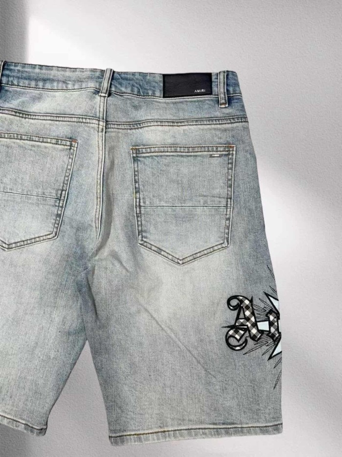 1:1 quality version Star Plaid Letter Ripped Embroidered Denim Shorts 29045800