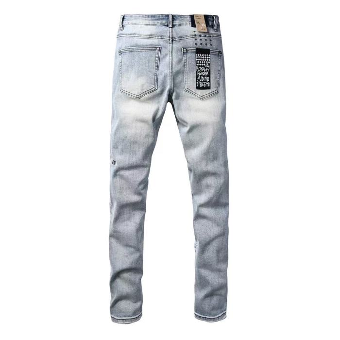1:1 quality version Grey Logo Print Torn Ripped Jeans 29080459