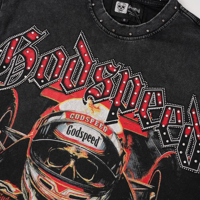 Skeleton racing driver hot-fix rhinestone vintage short-sleeved shirt 29033298