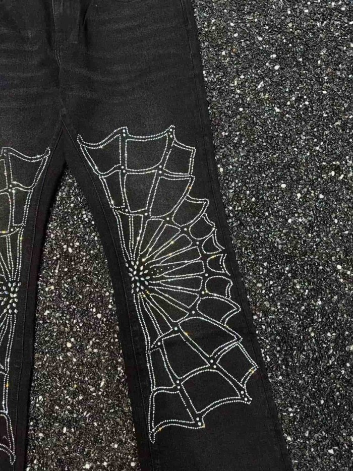 1:1 quality version Ebony Spider Web Diamond Decor Flared Jeans 29080659