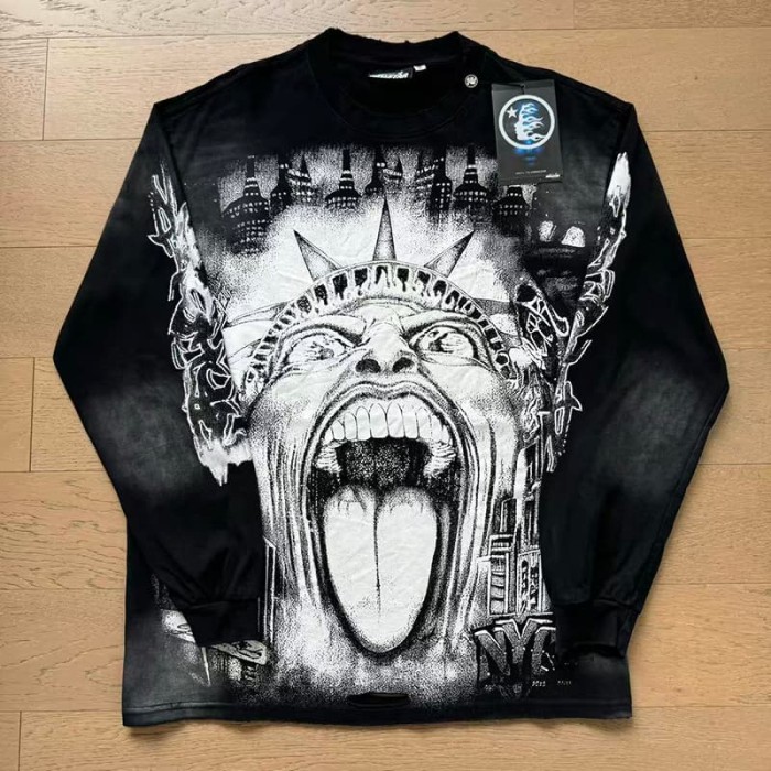 Speed Statue Of Liberty Print Washed Version Long Sleeve T-Shirt 29064429