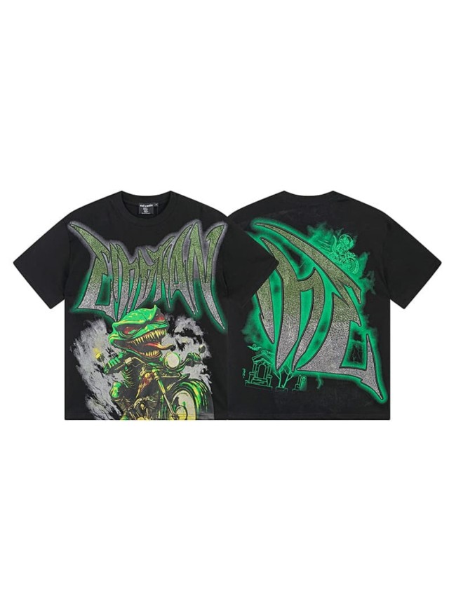 Motorcycle Lizard Monster Rhinestone Print Washed Tee 29105649