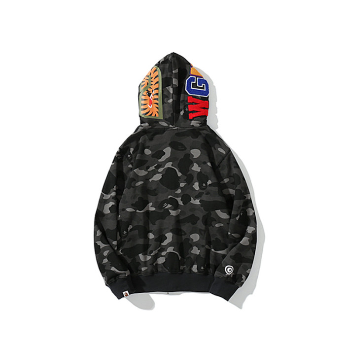 Two-Tone Camo Shark Tiger Head Double-Cap Zipper Hoodie 2 colors 28782843