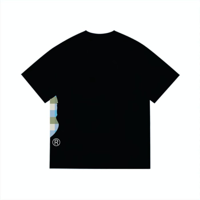 Side minimalist plaid monkey head short sleeved  print T-shirt 2 colors 29053569