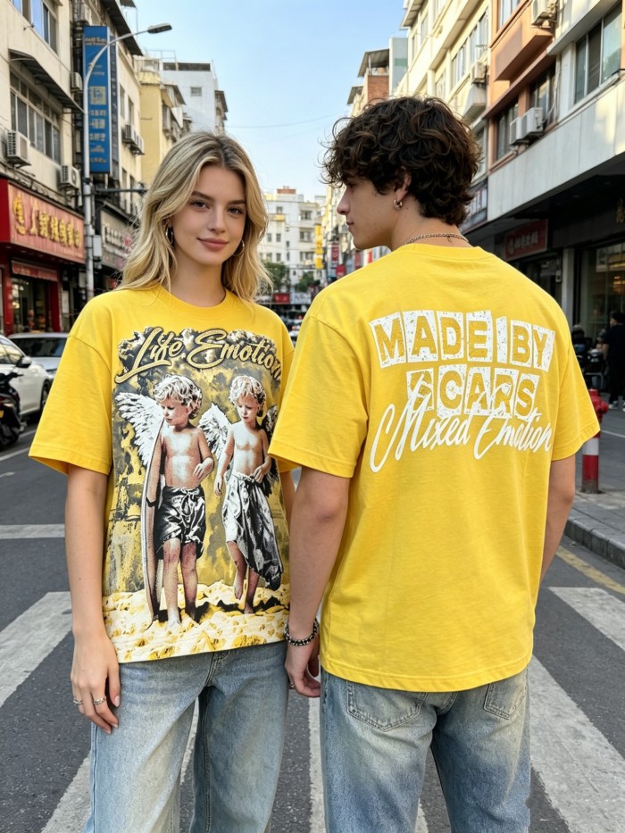 Vintage floral pattern, large font, round neck, dropped shoulder, casual short-sleeved shirt 2 colors 29066644