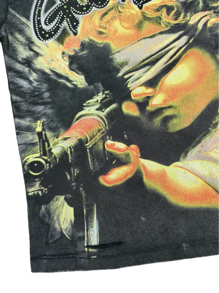Masked Angel Shot-Effect Rhinestone-Embellished Distressed Print Washed Version Tee 2 colors 28759330