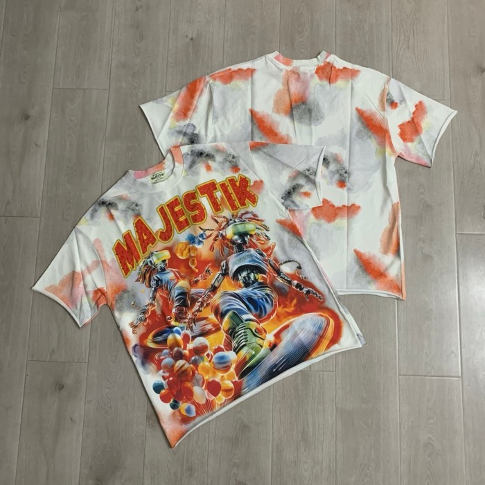 Tie-dye Universe Skateboard Robot Rhinestone Print Washed Tee 29064543