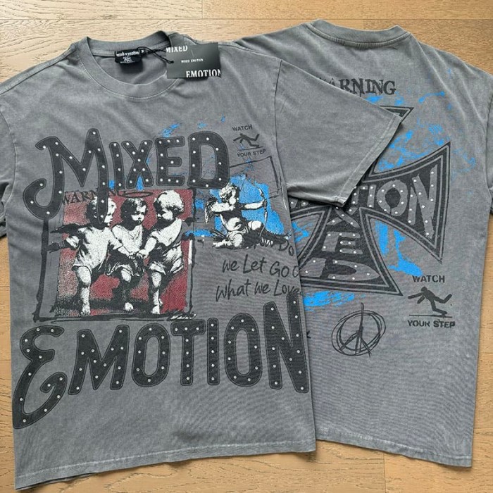 Gray Tone Cross Three Angels Rhinestone Print Washed Tee 29105645