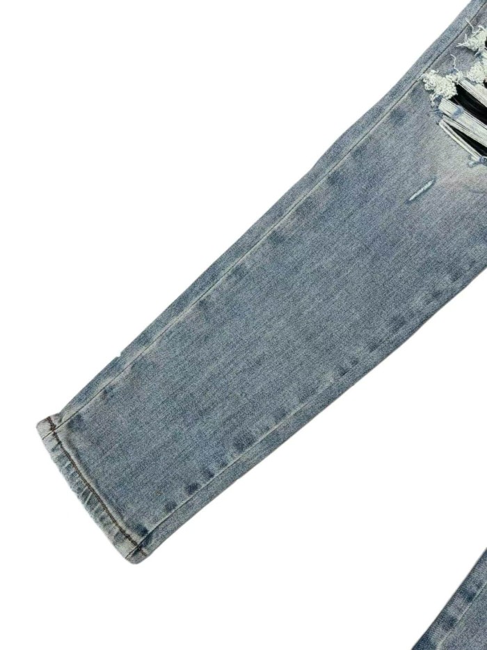 1:1 quality version Classic Big Letter Black Patch Ripped Jeans 29080654
