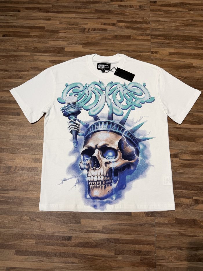 American-style white and blue contrast lightning bolt skeleton print short-sleeved shirt 29035015