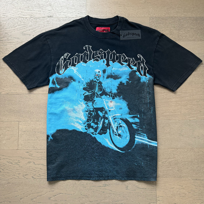 Blue Skull Motorcycle Distressed Washed Short-Sleeve T-Shirt 29043111
