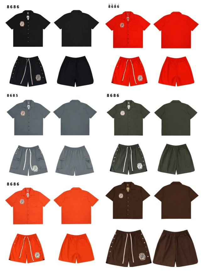 Badge Embroidery Buttoned Woven Workwear Shirt & Shorts Set 6 colors 29077774
