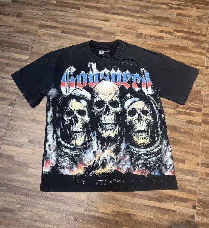 World Tour Three Skulls Black and Army Green Dual-Color Distressed T-Shirt 2 colors 29053372