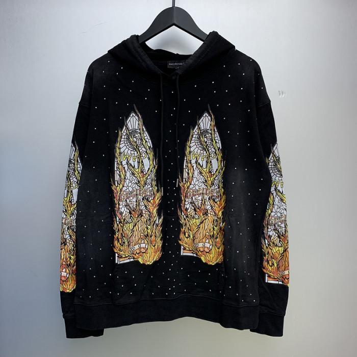 1:1 quality version Double-sided rhinestone flame letter logo washed version hoodie