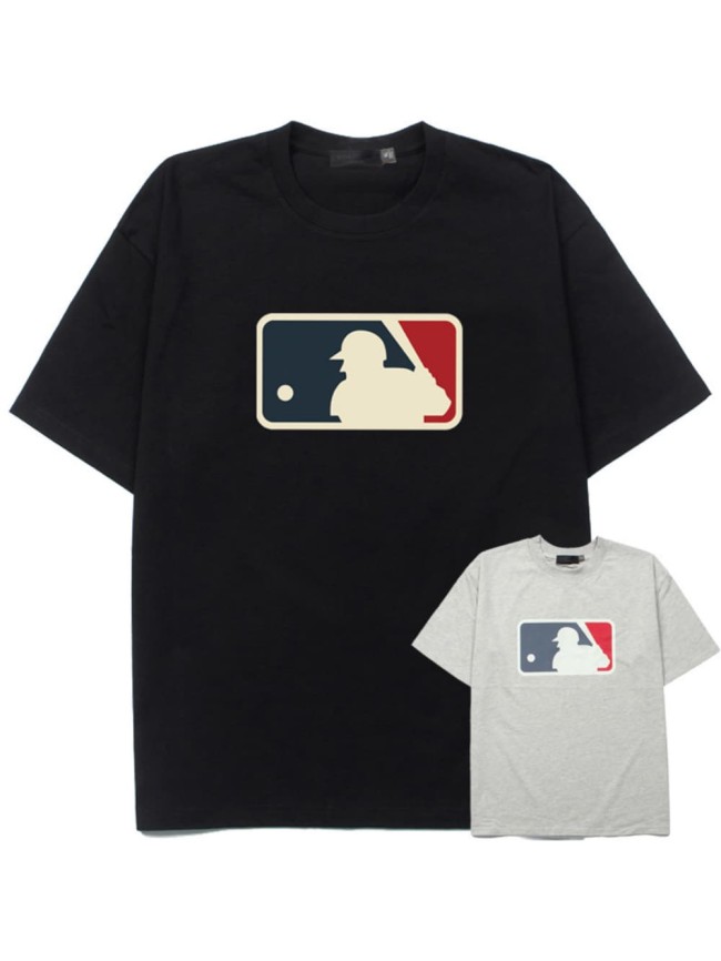 Vintage contrast color baseball silhouette logo black loose short-sleeved T-shirt 29053623