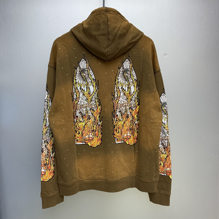 1:1 quality version Double-sided rhinestone flame letter logo washed version hoodie