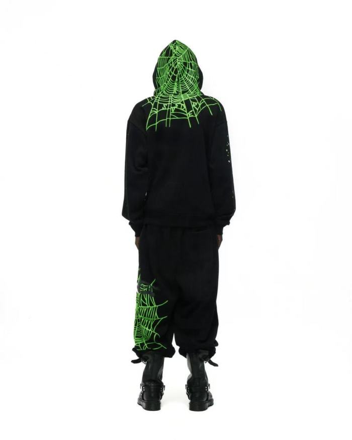 1:1 quality version Green Spider Web Printed Hoodie & Pants Set 28692914