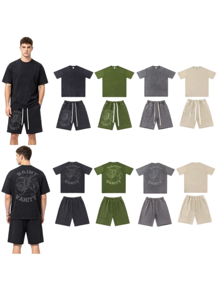 Rivet Decorated Lion Pattern Print Washed Tee & Shorts Set 4 colors 29077775