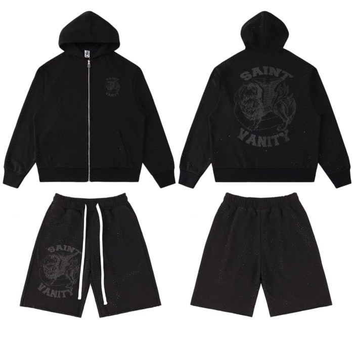 Lion Pattern All-over Rhinestone Print Zip Up Hoodie & Shorts Set 4 colors 29077777