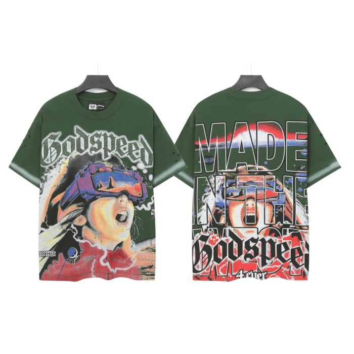 Screaming VR Glasses Girl Black and Green Dual-color Vintage Short-sleeved T-shirt  29052398