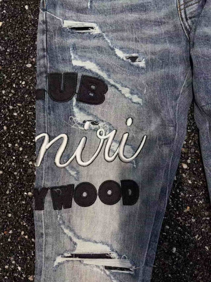 1:1 quality version Hollywood Black White Logo Embroidery Ripped Jeans 29080642