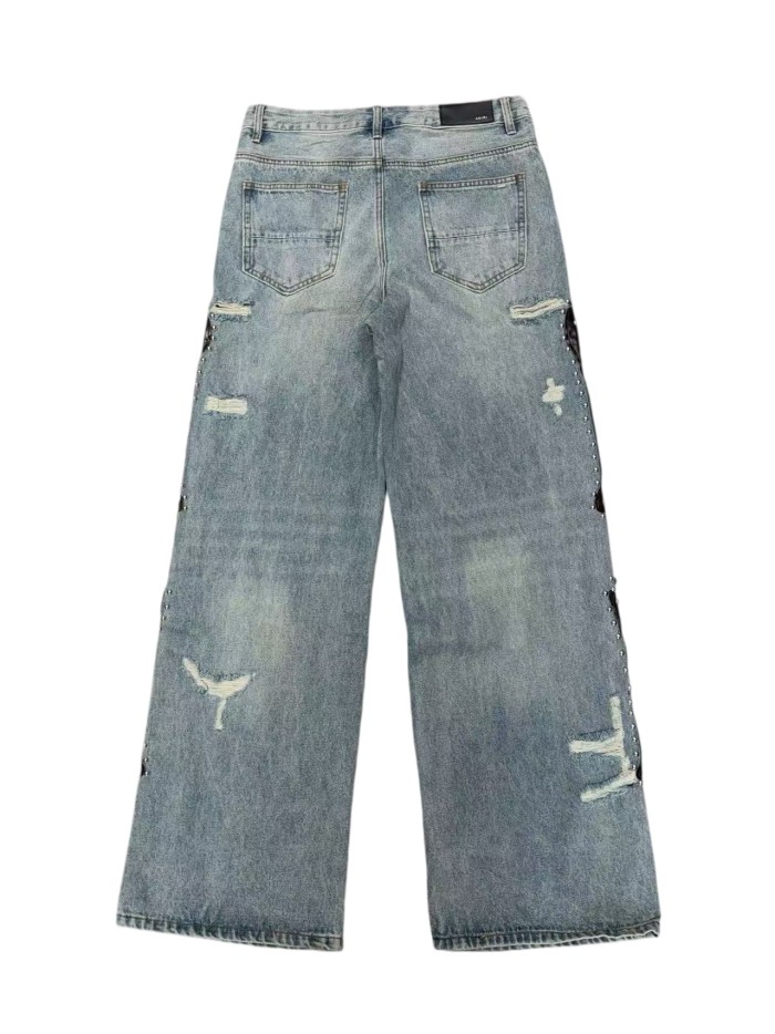 1:1 quality version Washed Light Blue Rhinestone & Studded Leather Patches Baggy Jeans 28996260
