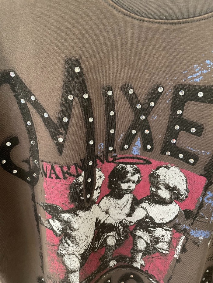 Rhinestone Angel Print T-Shirt -Letter Vintage Dark Brown Washed tee 28978803