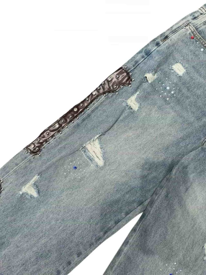 1:1 quality version Side Leather Bone Rivet Color Diamond Wide Leg Jeans 3 colors 29080658