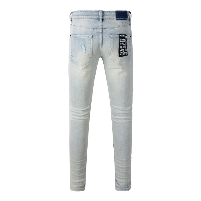 1:1 quality version Double knee frayed small ripped and worn denim jeans