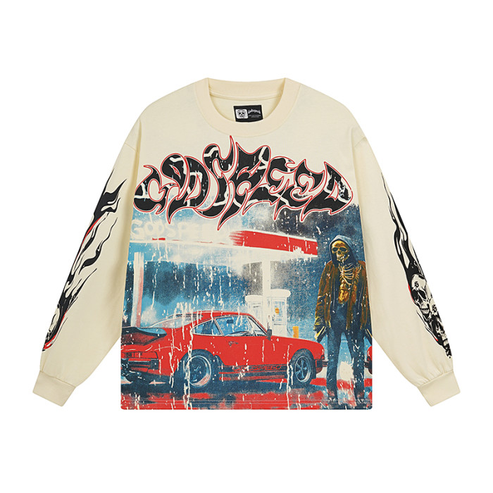 28128574 Gas Station Skull Printed Washed Version Long Sleeve T-Shirt 4 colors