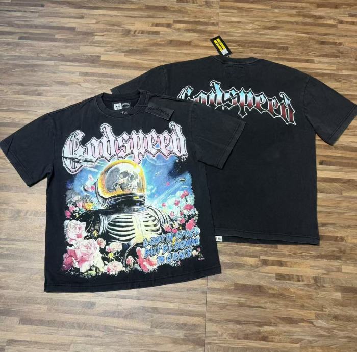 Space Astronaut Skeleton Rose Vintage Black Short-Sleeve T-Shirt 29052465