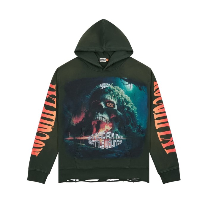 Dark Green Washed Distressed Skull Print Hoodie 29068976