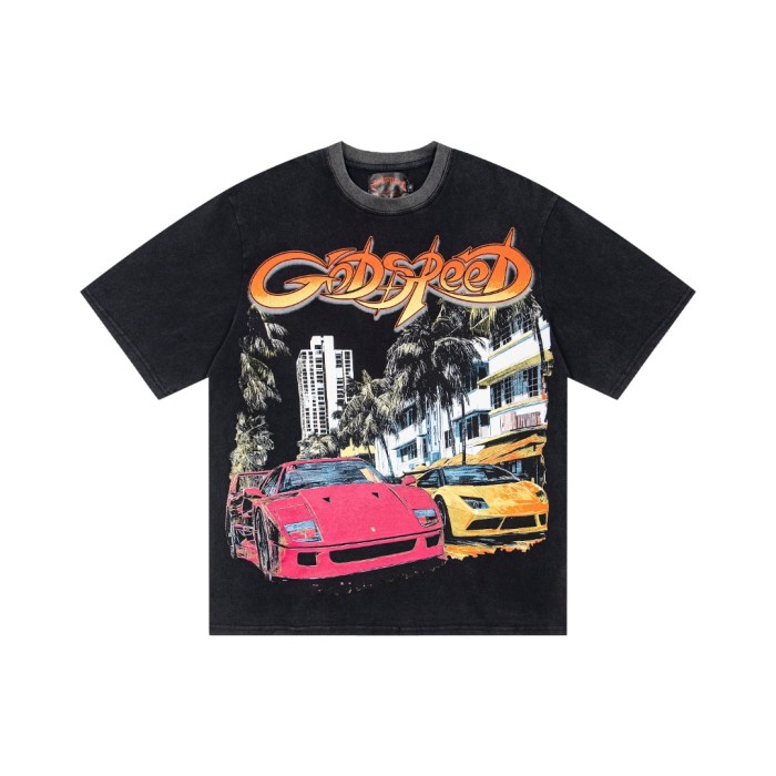 Miami sports car double-sided printed black distressed short-sleeved T-shirt 29051271