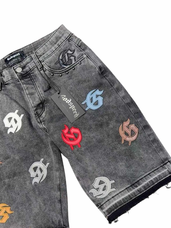 1:1 quality version Leather G Logo Embroidered Frayed Edge Washed Denim Shorts 3 colors 28972576