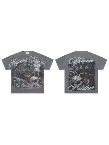 Black Panther Skull Rhinestone Print Washed Tee 29064547