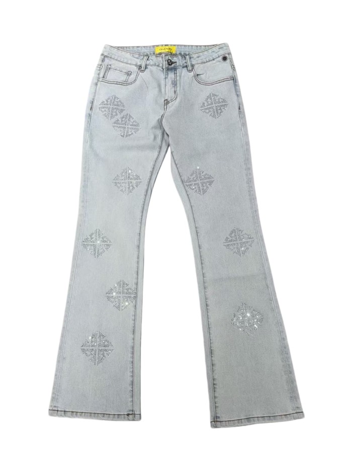 1:1 quality version Rhombus Geometry Hot Drilling Slightly Flared Jeans 3 colors 28972577