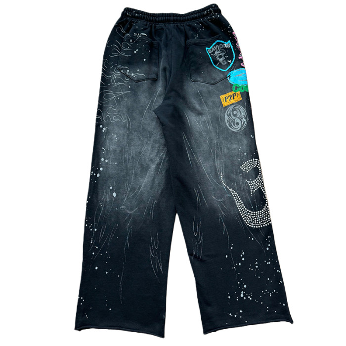 Letter Print Rhinestone Washed Version hoodie & pants set 28636630