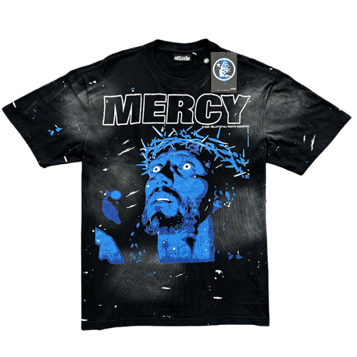 Blue Portrait Ink-Splash Print Washed Version Tee 28755470