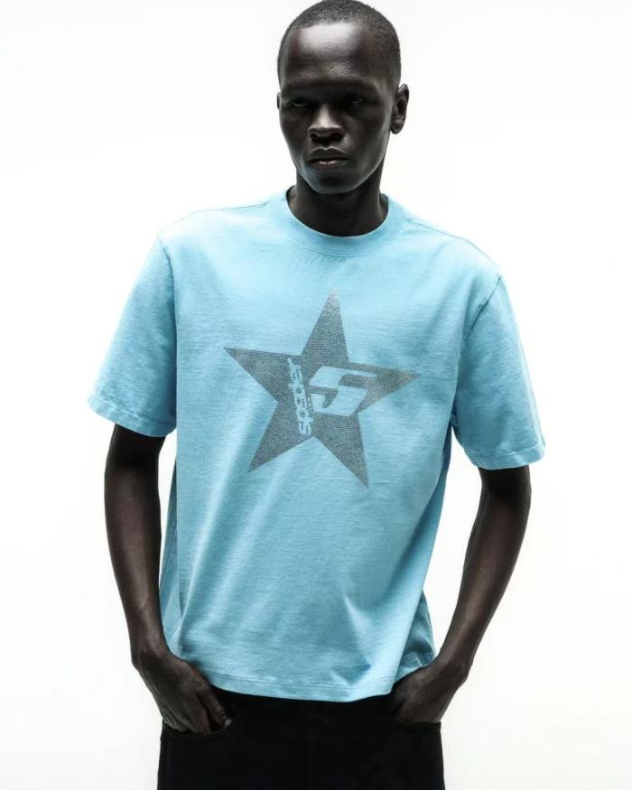 [Big & Tall for weights up to 220 lbs]1:1 quality version Large Pentagram Rhinestone Light Blue Print Tee 29045593
