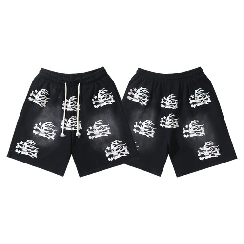 Skull Flame Print Washed Shorts 29043461